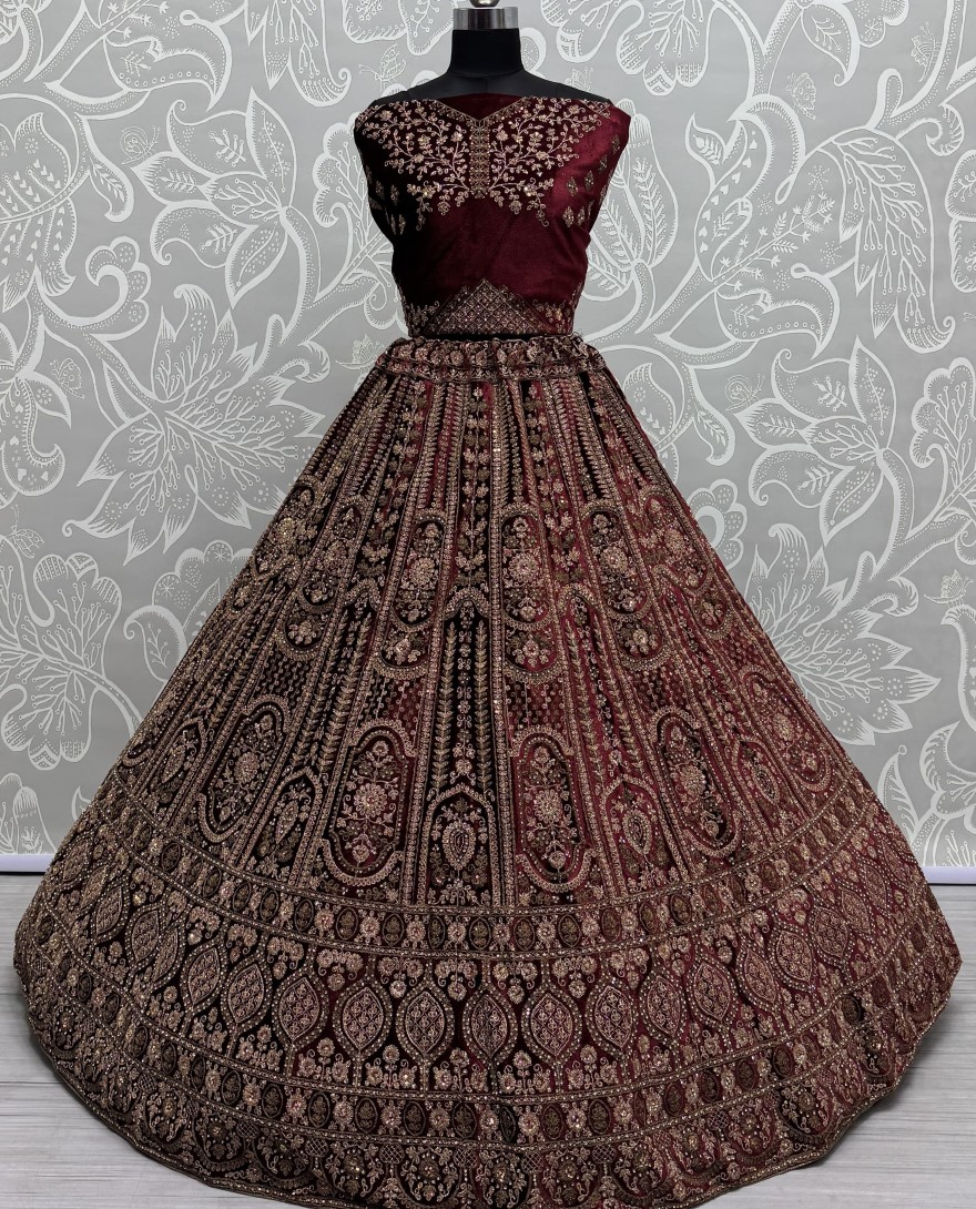 2858 - Double dupatta combine Maroon Velvet Lehenga choli in Dori work